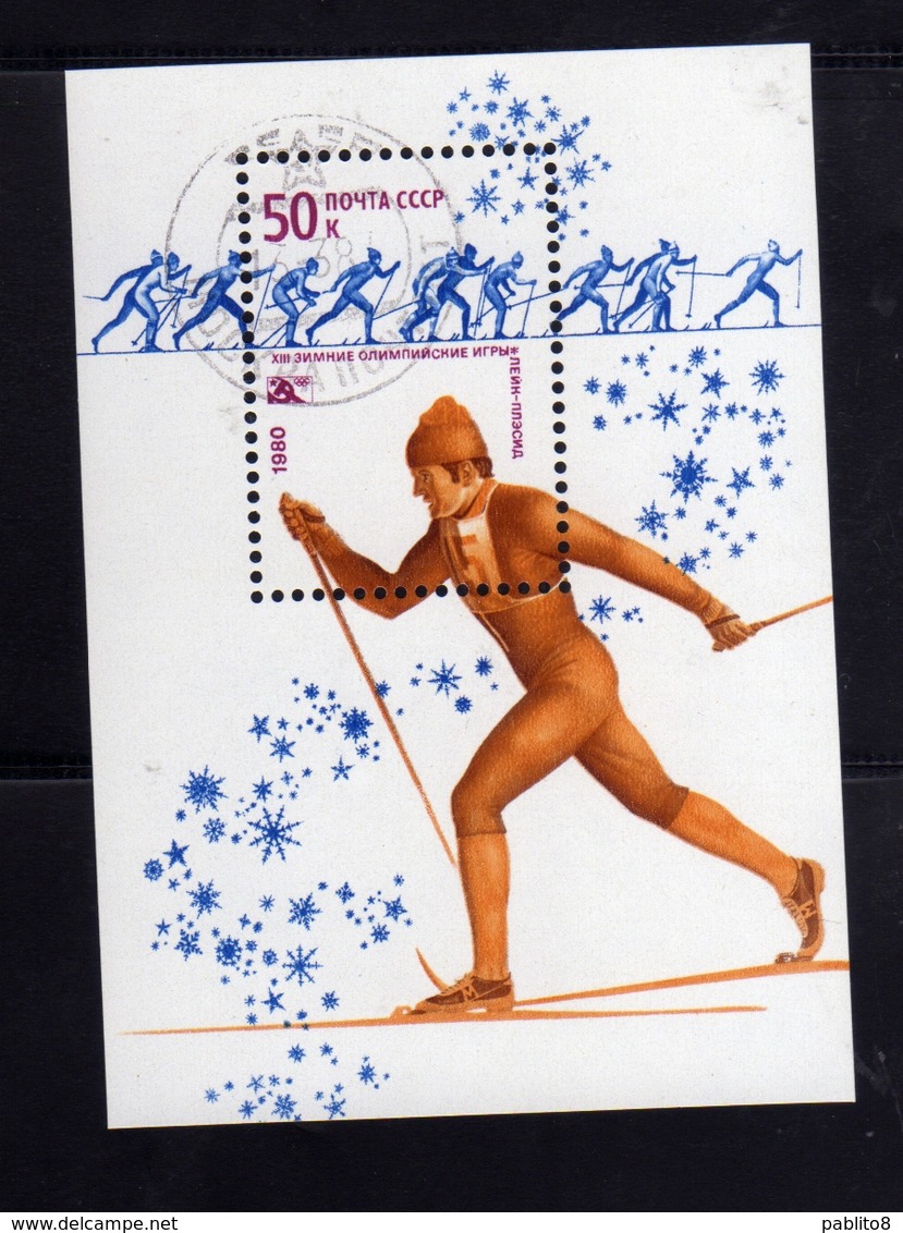 RUSSIA URSS RUSSIE 1980 OLYMPIC GAMES LAK PLACID CROSS COUNTRY SKI BLOCCO FOGLIETTO BLOCK SHEET 50k USATO USED OBLITERE' - Blocchi & Fogli