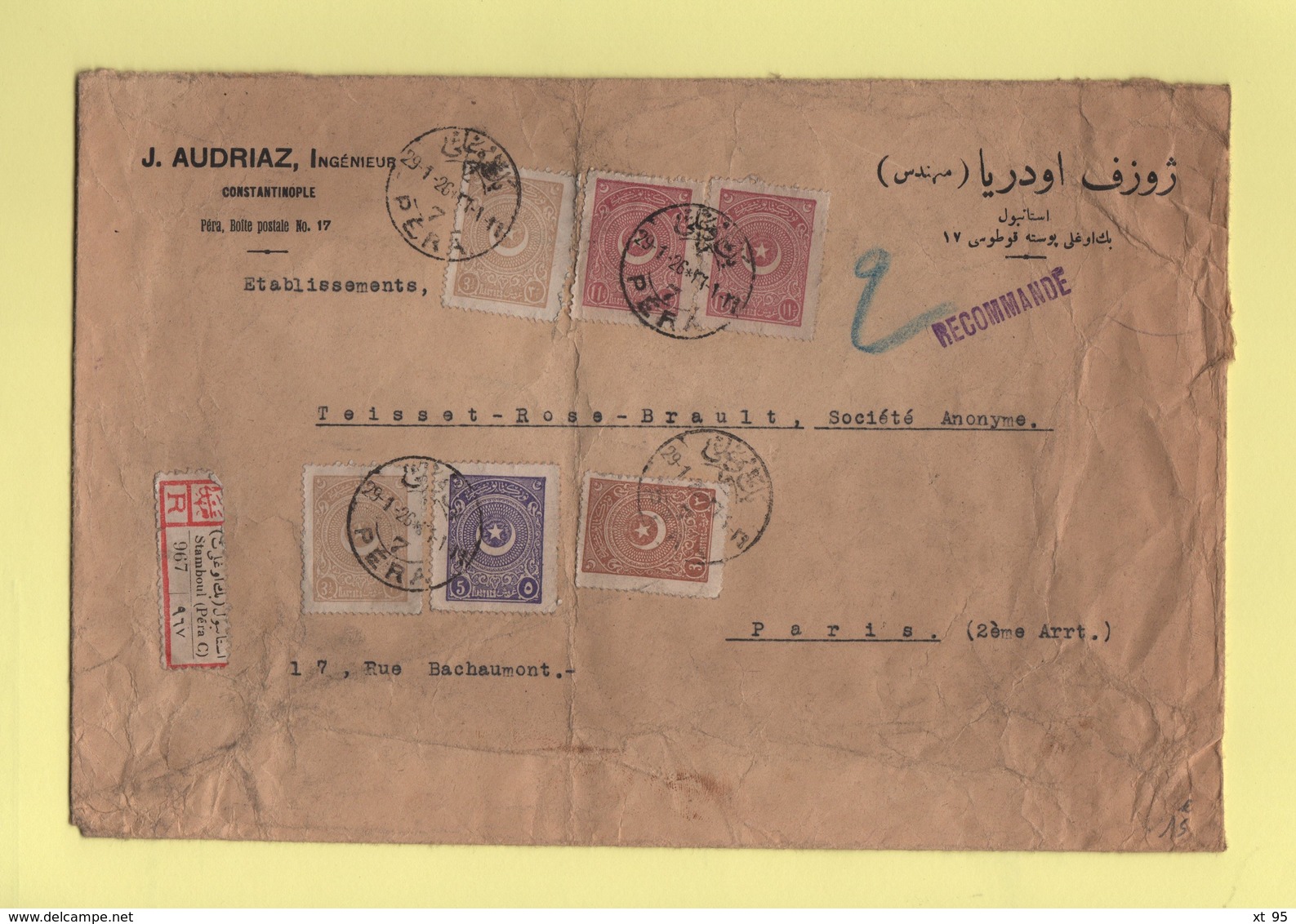 Constantinople - Pera - Recommande Destination France - 29-1-1926 - Storia Postale