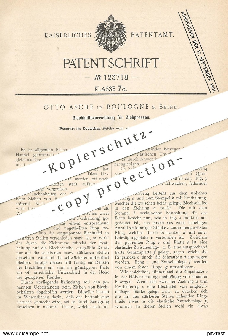 Original Patent - Otto Asche , Boulogne S. Seine , Paris , Frankreich , 1900 , Blechtafel / Ziehpresse | Blech , Presse - Historische Dokumente