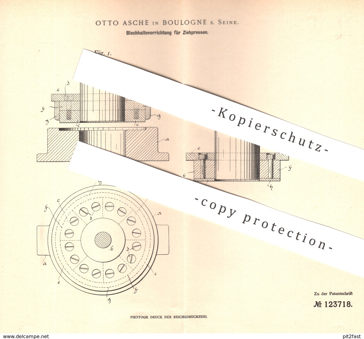 Original Patent - Otto Asche , Boulogne S. Seine , Paris , Frankreich , 1900 , Blechtafel / Ziehpresse | Blech , Presse - Historische Dokumente