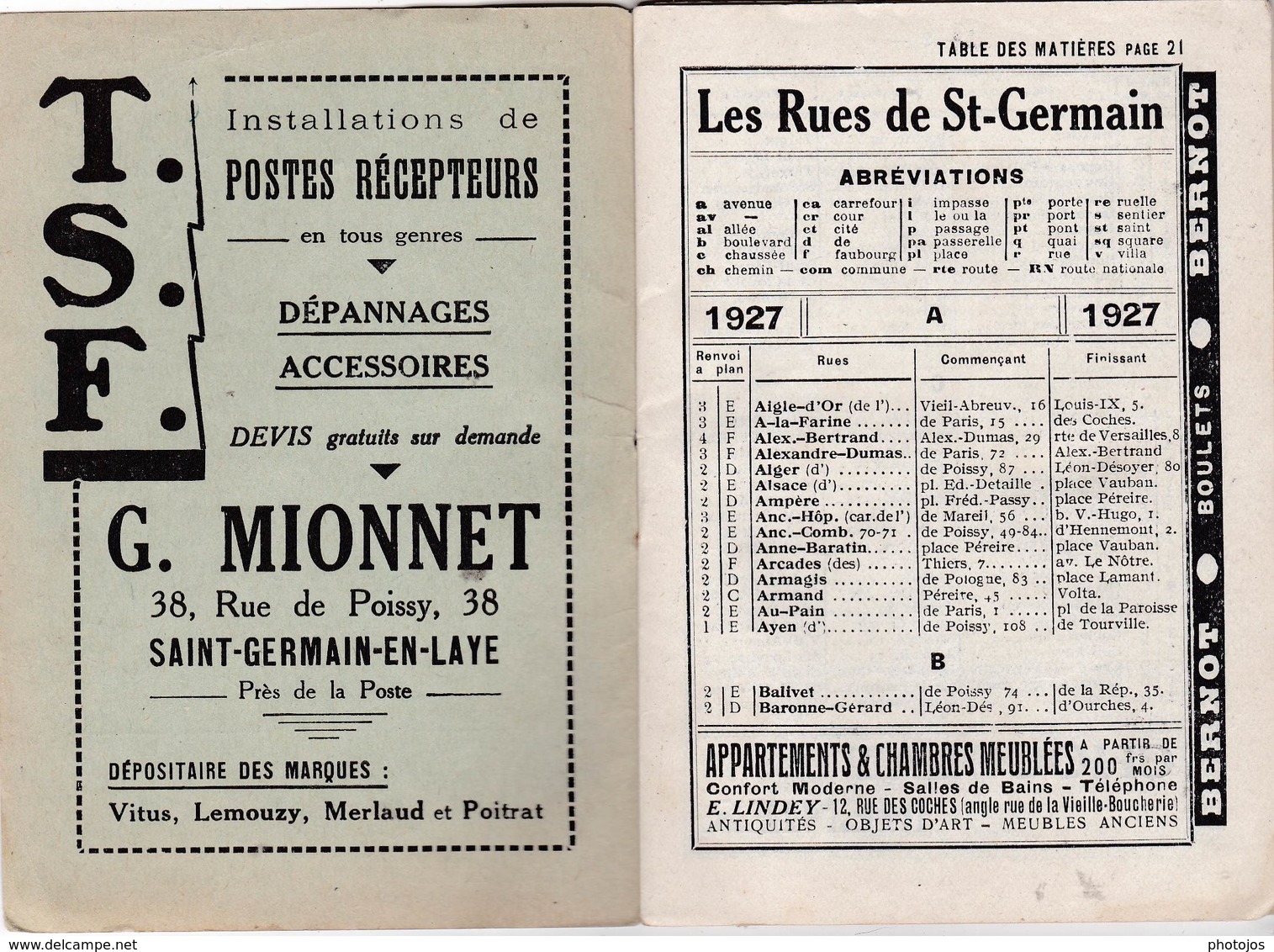 Les Guides Verts : Saint Germain En Laye (78) Plan Rues Renseignements En 1927  Publicités Commerciales - Europe