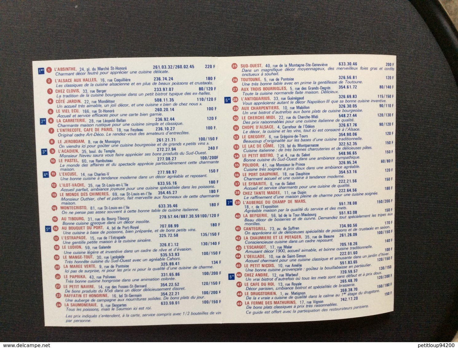 CARTE DE VISITE CHEZ GORISSE  Les Rendez-Vous Parisiens  ÉDITION 1984/1985 - Visiting Cards