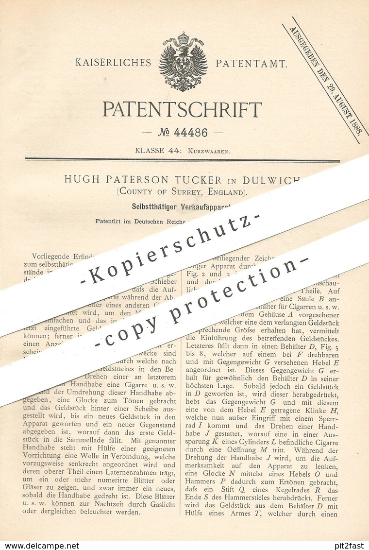 Original Patent - Hugh Paterson Tucker , Dulwich , Surrey , England , 1887 , Verkaufsautomat Mit Münzeinwurf | Automat ! - Historische Dokumente