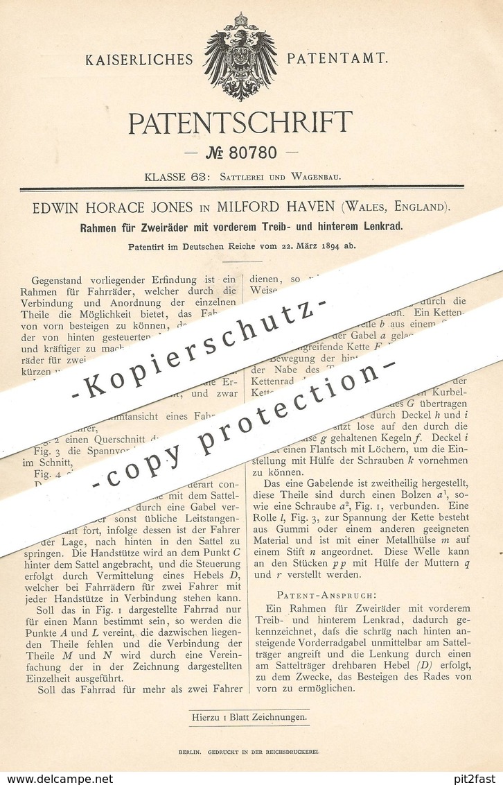 Original Patent - Edwin Horace Jones , Milford Haven , Wales , England , 1894 , Rahmen Für Zweirad | Fahrrad , Fahrräder - Historische Dokumente