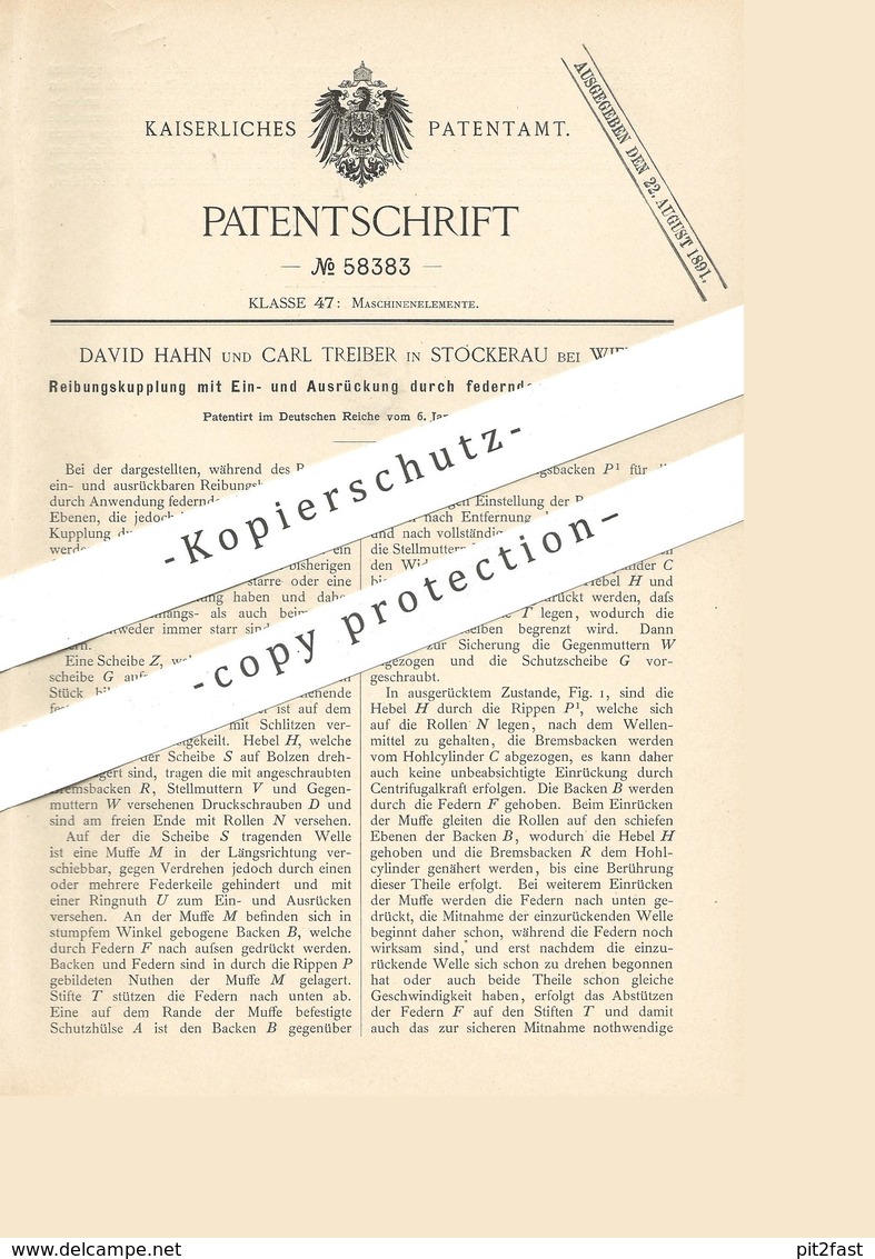 Original Patent - David Hahn , Carl Treiber , Stockerau , Wien , Österreich , 1891 , Reibungskupplung | Kupplung , Bahn - Historische Dokumente