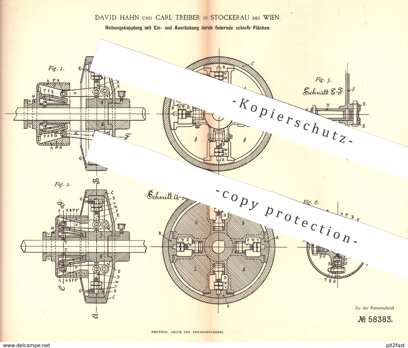 Original Patent - David Hahn , Carl Treiber , Stockerau , Wien , Österreich , 1891 , Reibungskupplung | Kupplung , Bahn - Historische Dokumente