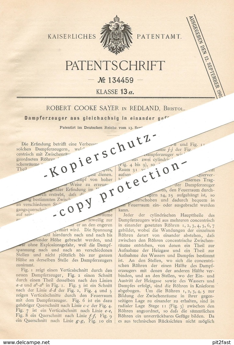 Original Patent - Robert Cooke Sayer , Redland , Bristol , 1900 , Dampferzeuger | Dampfmaschine | Dampf !!! - Historische Dokumente