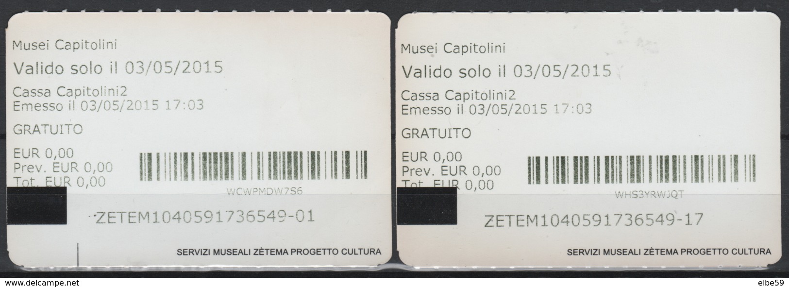 Roma, 2015, Musei Capitolini, Piazza Del Campidoglio, 2 Biglietti Di Ingresso - Biglietti D'ingresso