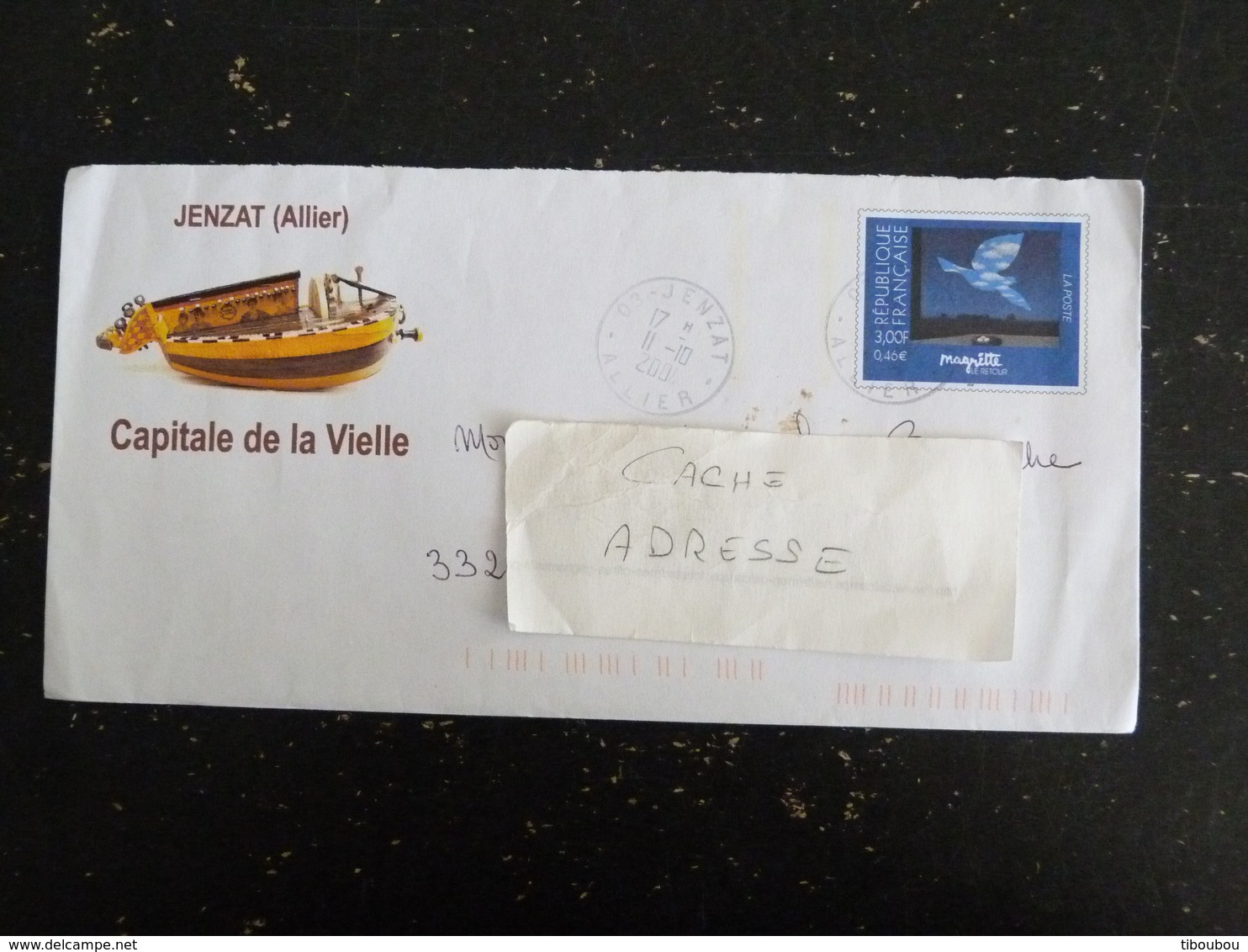 JENZAT - ALLIER - CACHET ROND MANUEL SUR PAP OISEAU BIRD MAGRITTE - CAPITALE DE LA VIELLE A ROUE - Manual Postmarks