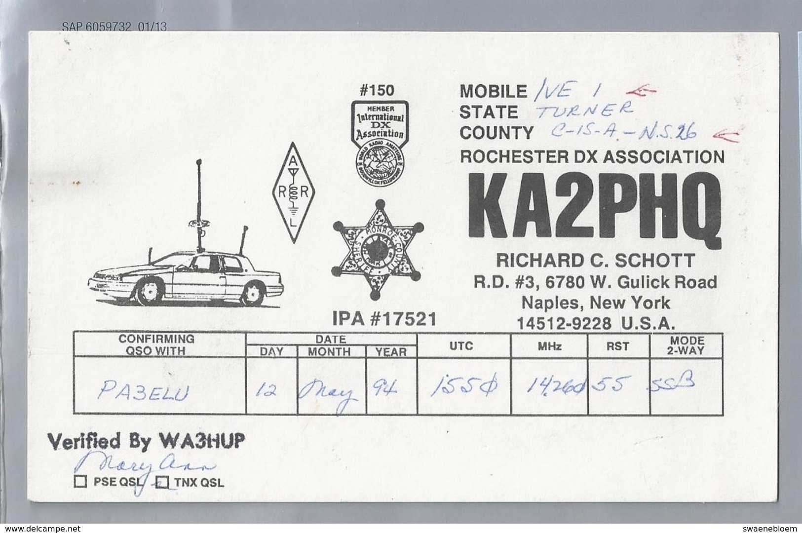 US.- QSL KAART. CARD. KA2PHQ. RICHARD C. SCHOTT, NAPLES, NEW YORK. MOBILE STATE COUNTY. ROCHESTER DX ASSOCIATION. U.S.A. - Radio-amateur