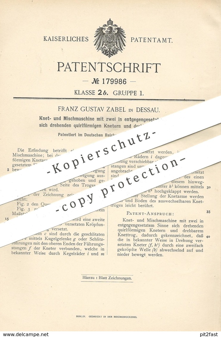 Original Patent - Franz Gustav Zabel , Dessau , 1905 , Knetmaschine , Mischmaschine | Teig , Bäcker , Bäckerei , Brot - Historische Documenten