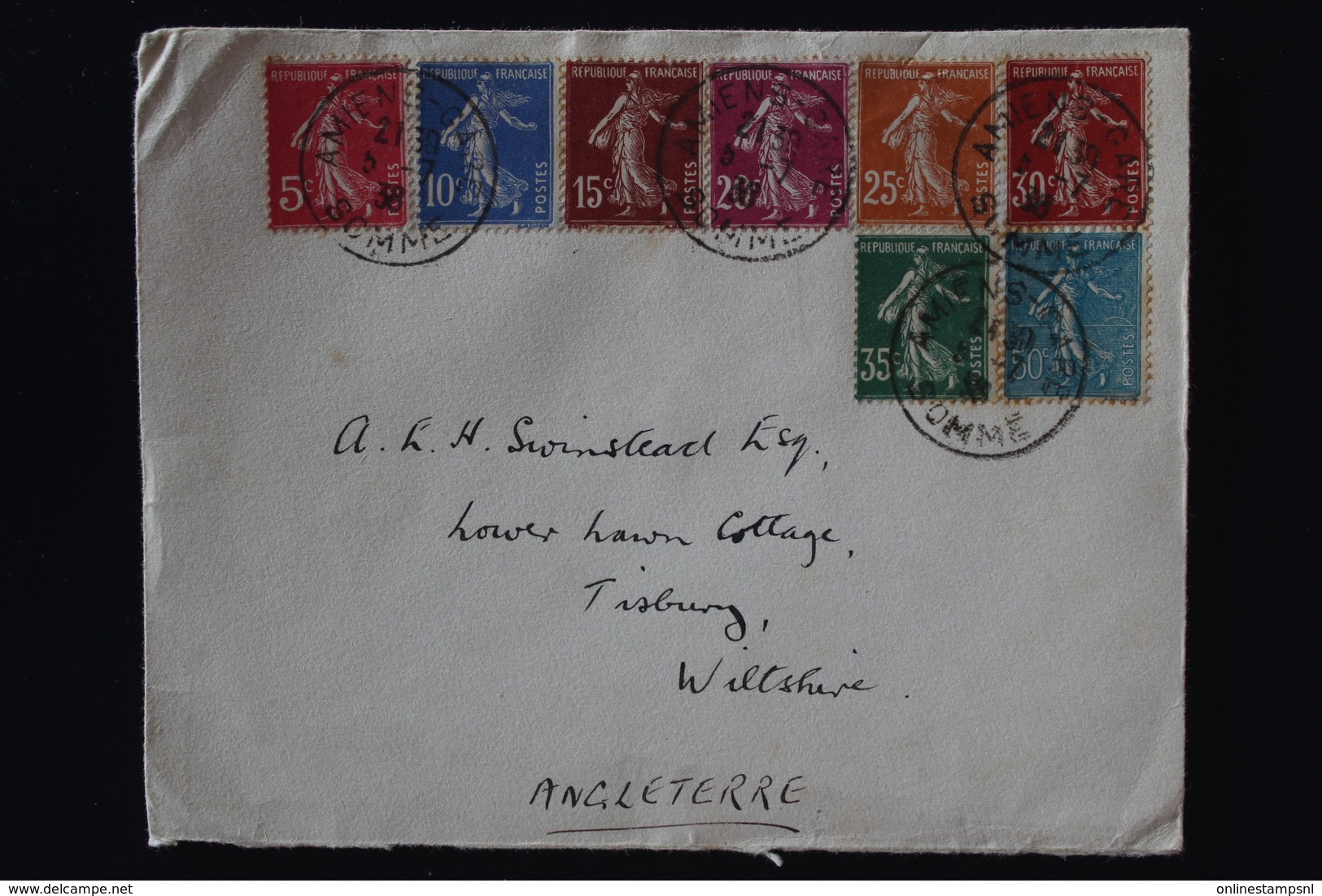 France Cover 1938 Amiens A Angleterre 8 X Timbres Different - 1921-1960: Modern Tijdperk