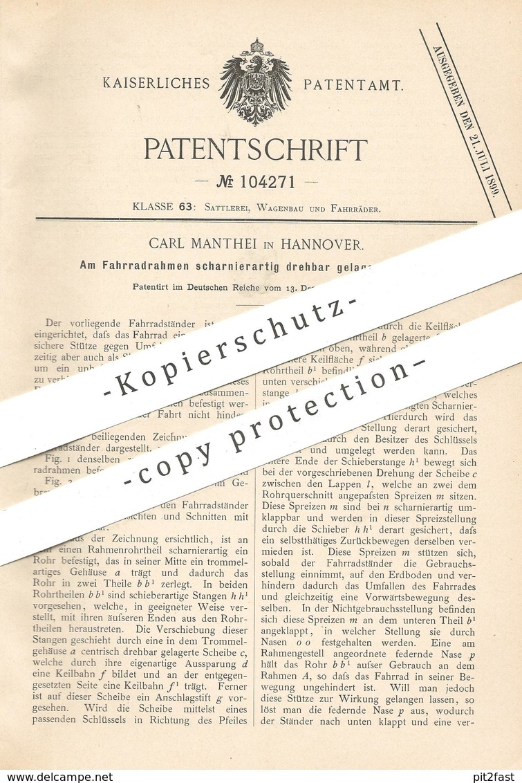 Original Patent - Carl Manthei , Hannover , 1898 , Fahrradständer Am Rahmen | Fahrrad , Fahrräder | Zweirad , Stütze ! - Historische Dokumente