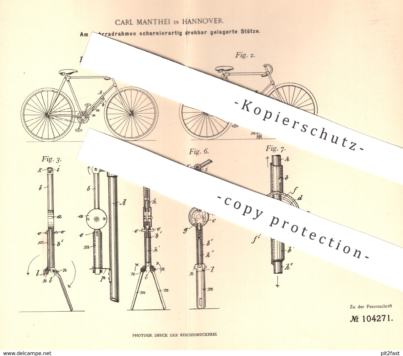 Original Patent - Carl Manthei , Hannover , 1898 , Fahrradständer Am Rahmen | Fahrrad , Fahrräder | Zweirad , Stütze ! - Historische Dokumente