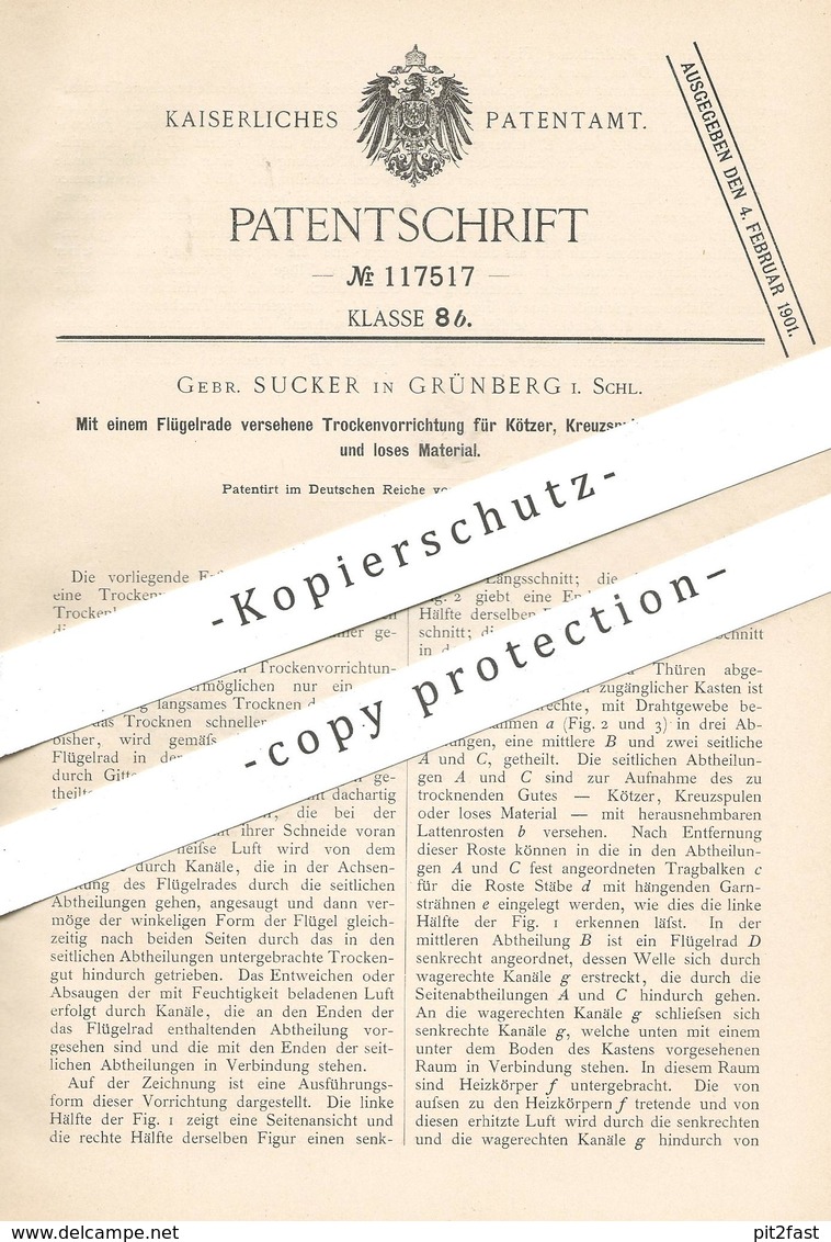 Original Patent - Gebr. Sucker , Grünberg , Schlesien , 1900 , Trockenvorrichtung Für Kötzer , Kreuzspule , Garn , Zwirn - Historische Dokumente