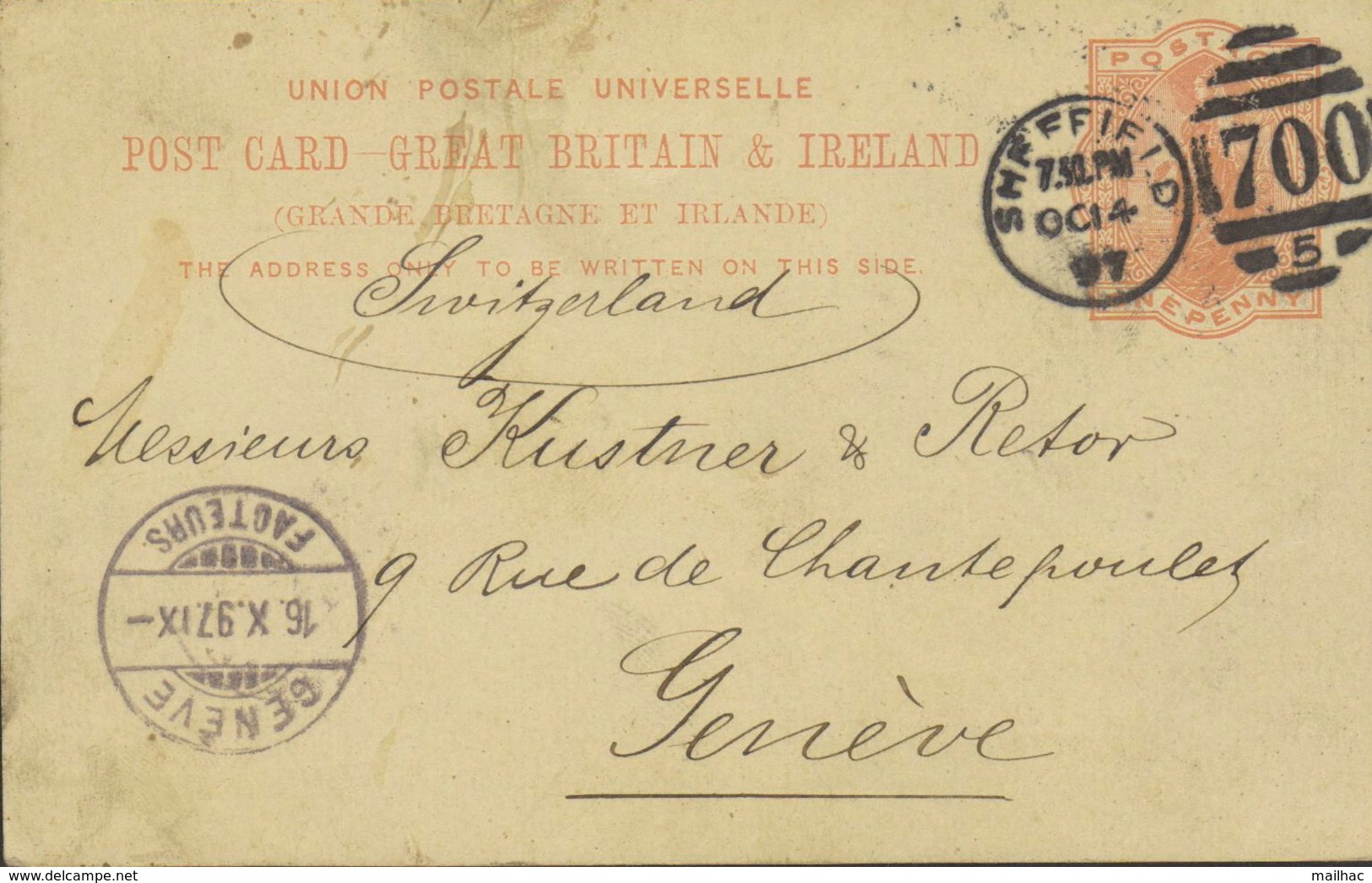 UK - SHEFFIELD - Entier Postal - Société Seebohm & Dieckstahl - Envoyée Le 14 Oct. 1897 à Genève - Sheffield