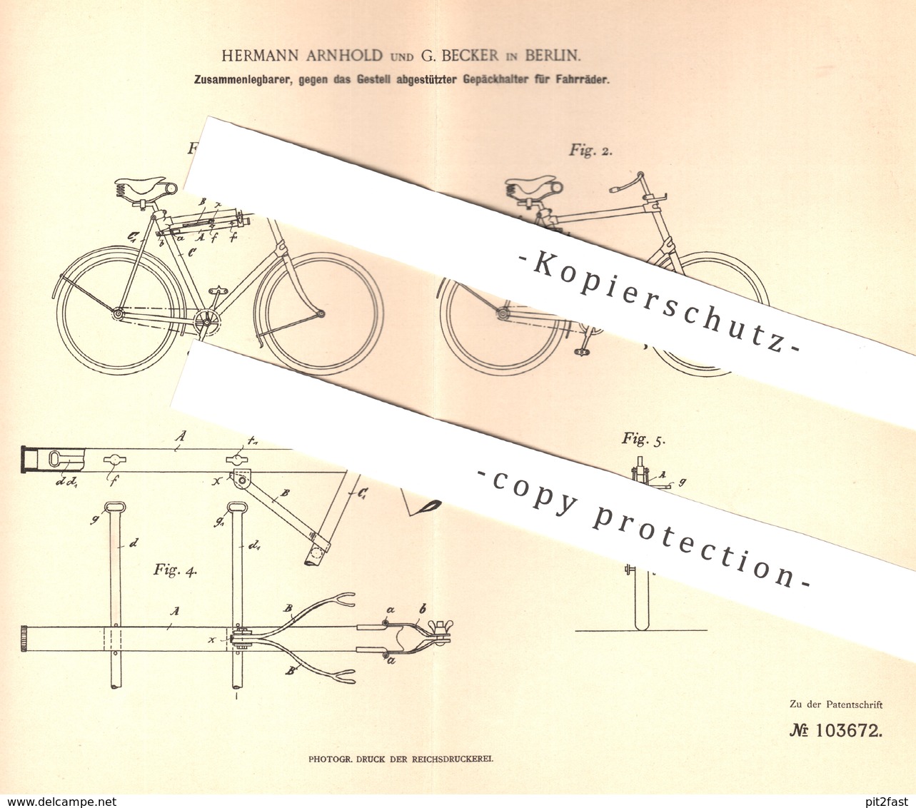 Original Patent - Hermann Arnhold , G. Becker , Berlin , 1898 , Gepäckhalter Für Fahrräder | Gepäckträger | Fahrrad !!! - Historische Dokumente