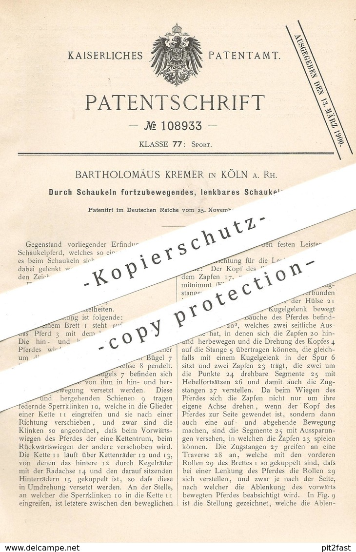 Original Patent - Bartholomäus Kremer , Köln / Rhein , 1898 , Lenkbares Schaukelpferd | Schaukel | Spielzeug , Sport !! - Historische Dokumente