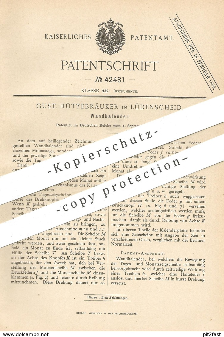 Original Patent - Gust. Hüttebräuker , Lüdenscheid , 1887 , Wandkalender | Kalender , Kalendarium !!! - Historische Dokumente