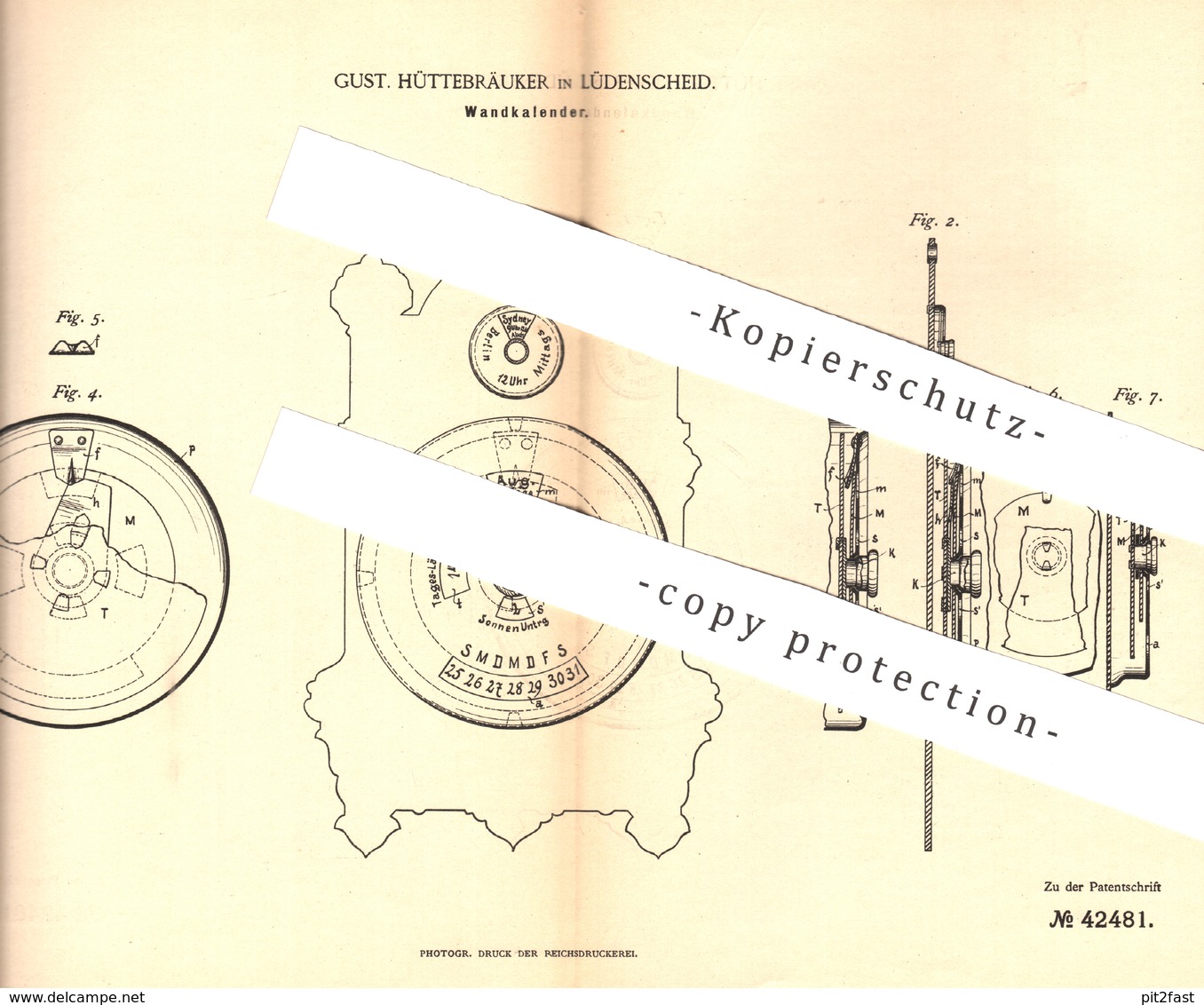 Original Patent - Gust. Hüttebräuker , Lüdenscheid , 1887 , Wandkalender | Kalender , Kalendarium !!! - Documenti Storici