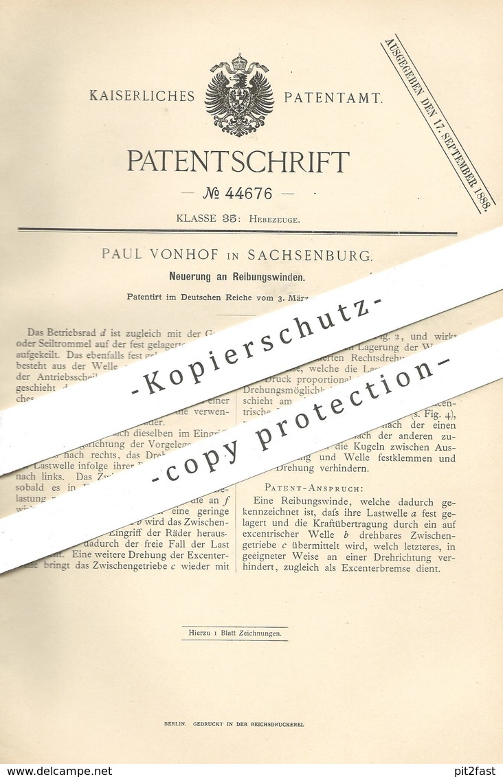 Original Patent - Paul Vonhof , Sachsenburg , 1888 , Reibungswinde | Winde , Winden | Seilwinde , Aufzug , Hebezeug !!! - Historical Documents