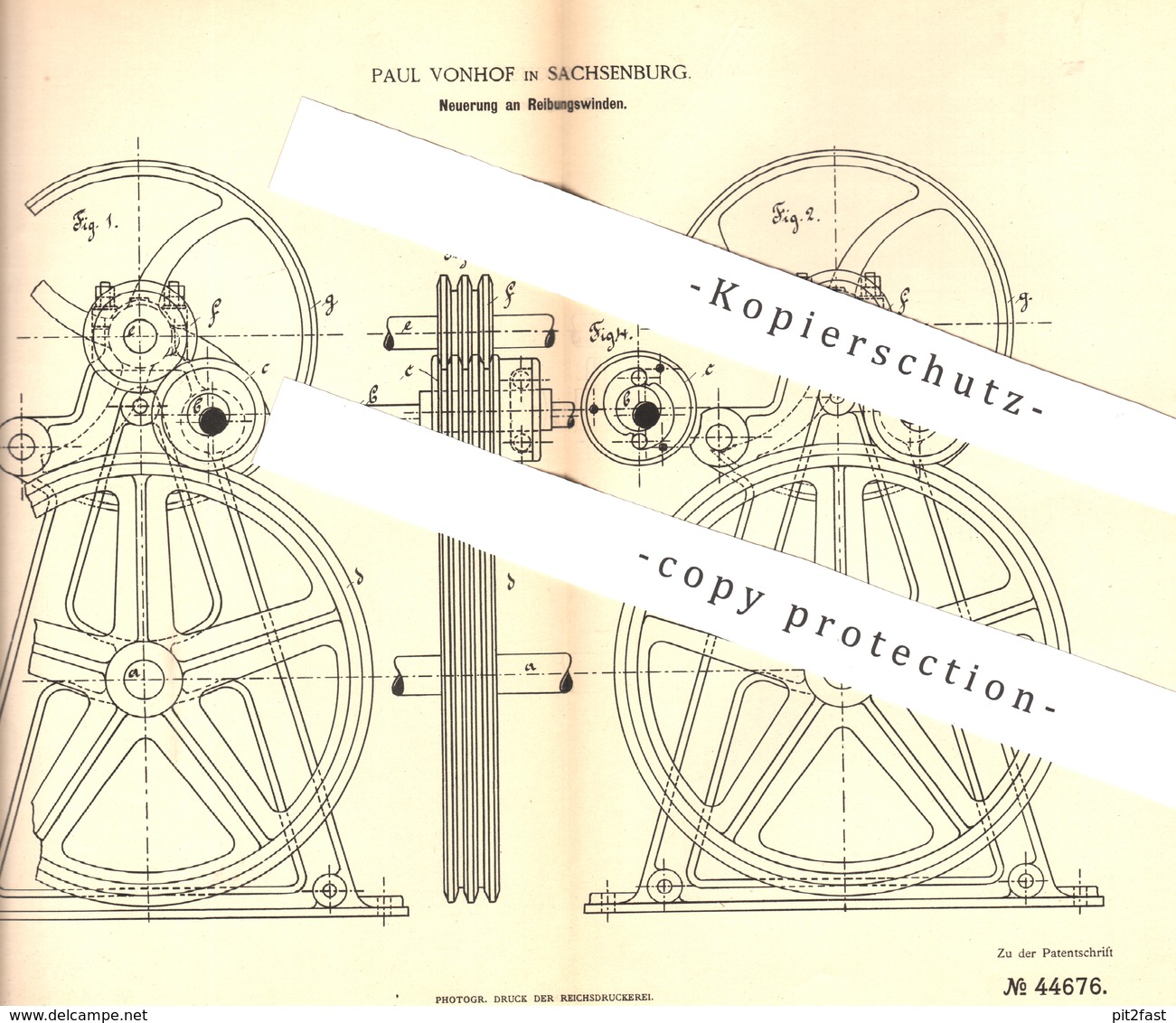 Original Patent - Paul Vonhof , Sachsenburg , 1888 , Reibungswinde | Winde , Winden | Seilwinde , Aufzug , Hebezeug !!! - Historical Documents