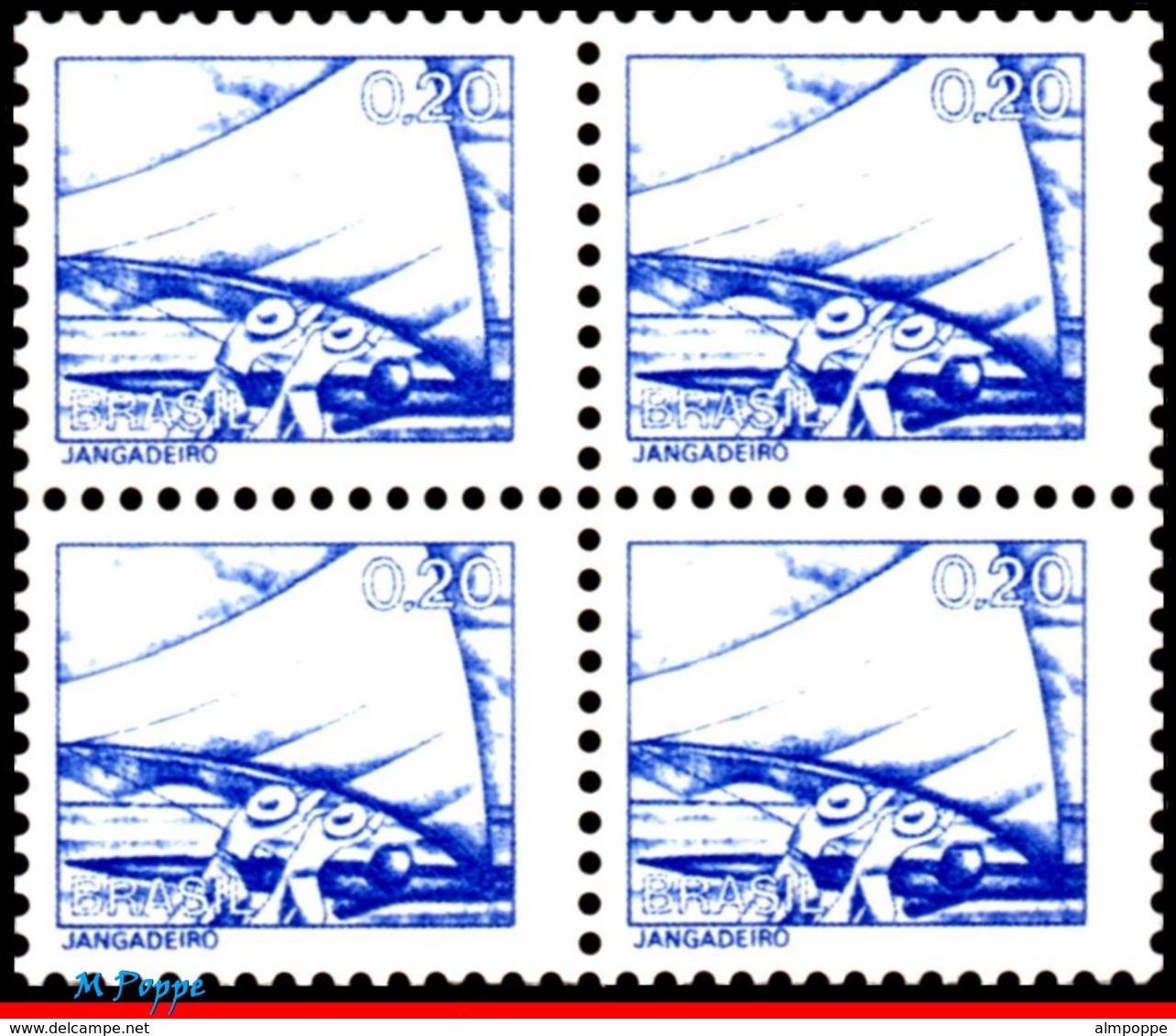 Ref. BR-1443-Q BRAZIL 1976 - NATIONAL PROFESSIONS,, ,RAFT FISHERMEN, SAILING, BLOCK MNH, JOBS 4V Sc# 1443 - Dienstzegels