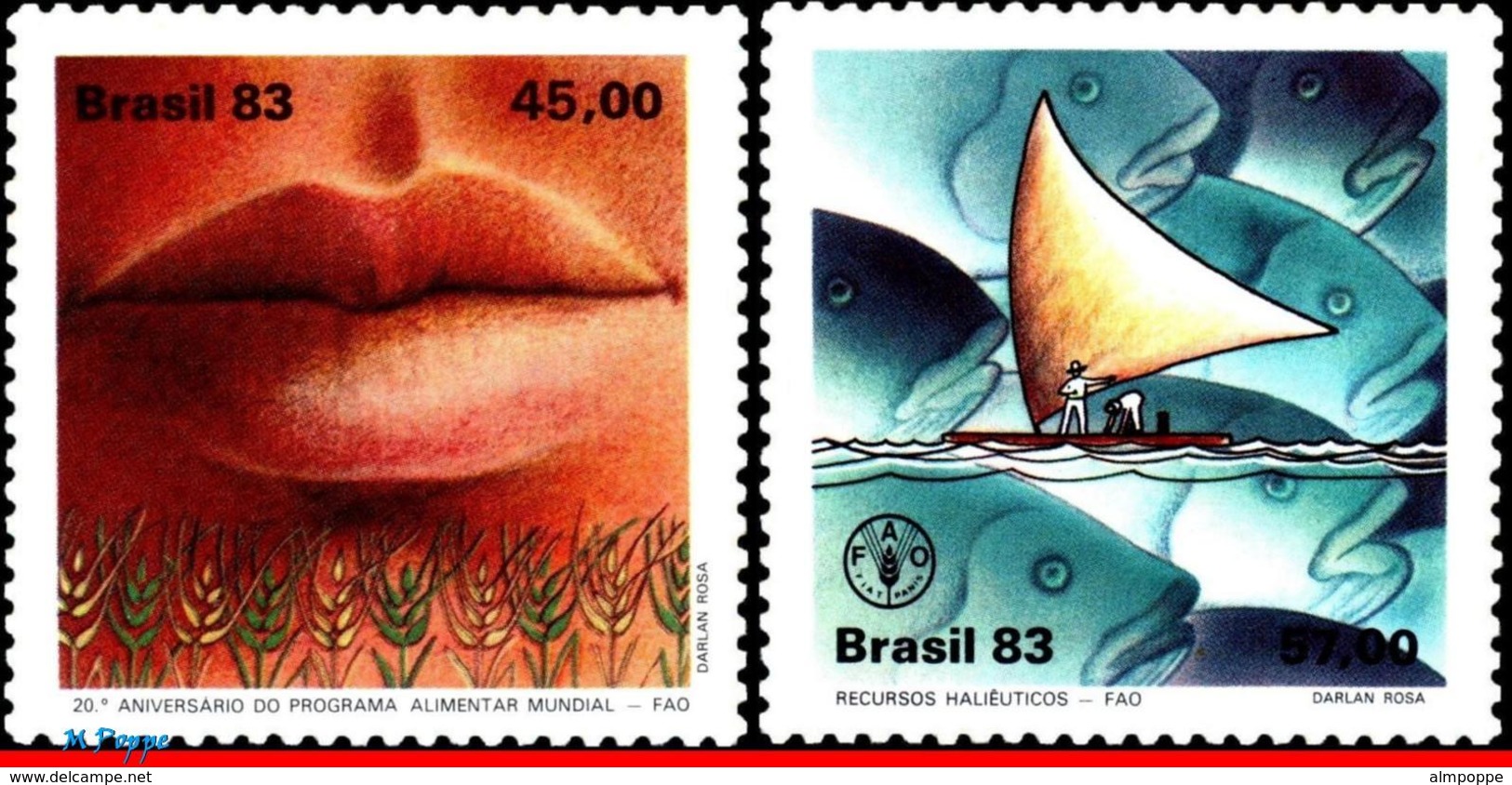 Ref. BR-1884-85 BRAZIL 1983 HEALTH, FAO, WORLD FOOD PROGRAM,, SAILBOAT, FISH, MI# 2000-2001, MNH 2V Sc# 1884-1885 - Poissons