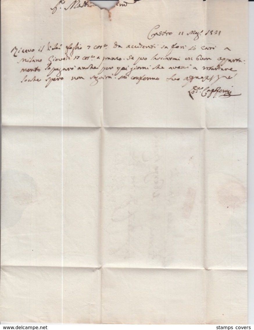 USED LETTER 11/05/1821 CASTRO MILANO MARQUES ROUGES ET NOIRES - 1. ...-1850 Prefilatelia