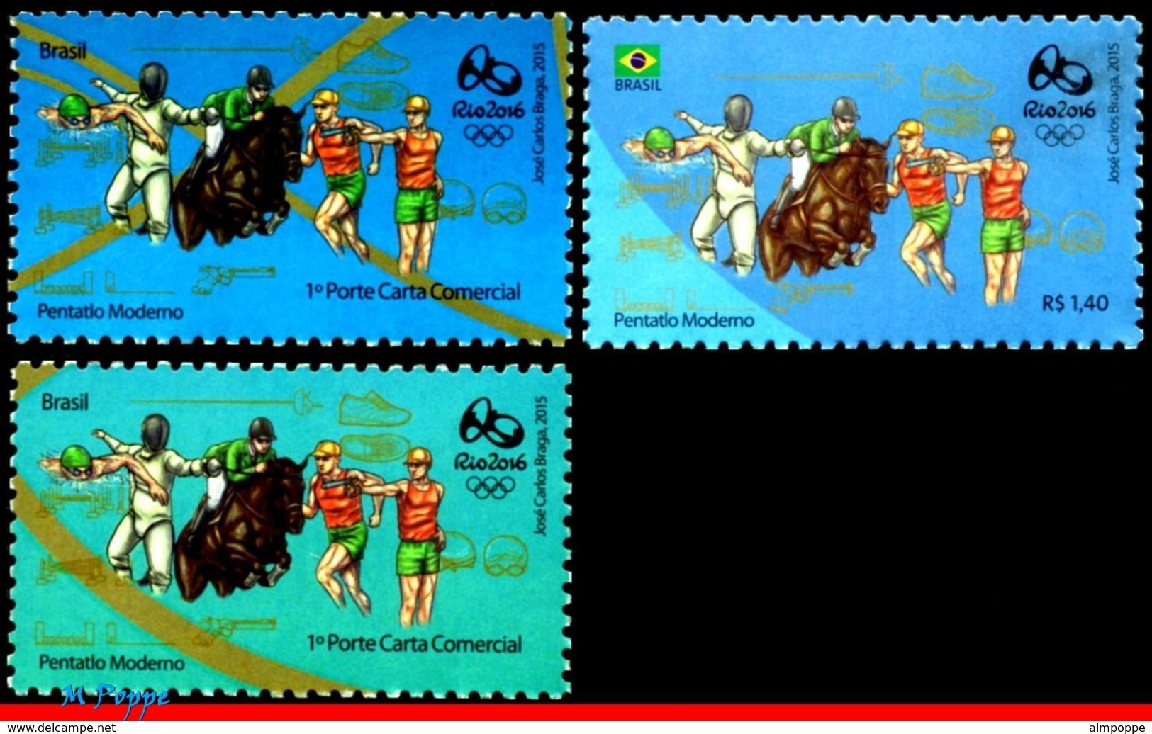 Ref. BR-OLYM-E29 BRAZIL 2015 SPORTS, OLYMPIC GAMES, RIO 2016,, PENTATHLON,STAMPS OF 3RD & 4TH SHEET,MNH 3V - Fechten