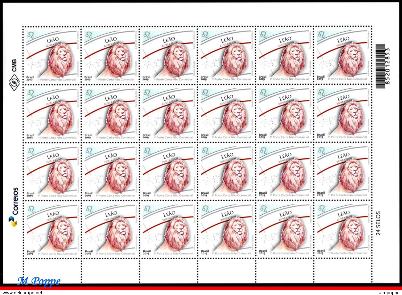 Ref. BR-V2019-14-F BRAZIL 2019 - ZODIAC SIGNS, LEO, 5TH, ISSUE, CONSTELLATION OF LEO, SHEET MNH, ASTROLOGY 24V - Astrologie