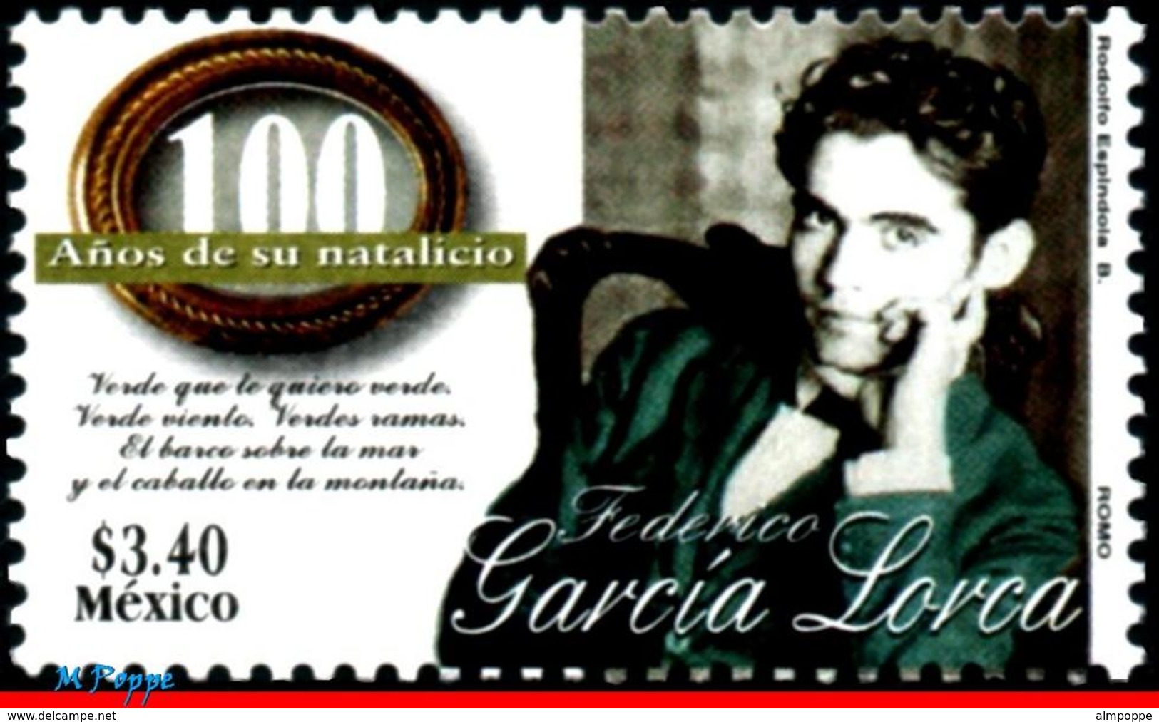 Ref. MX-2078 MEXICO 1998 FAMOUS PEOPLE, FEDERICO GARCIA LORCA,, POET, WHITER, MI# 2699, MNH 1V Sc# 2078 - Writers