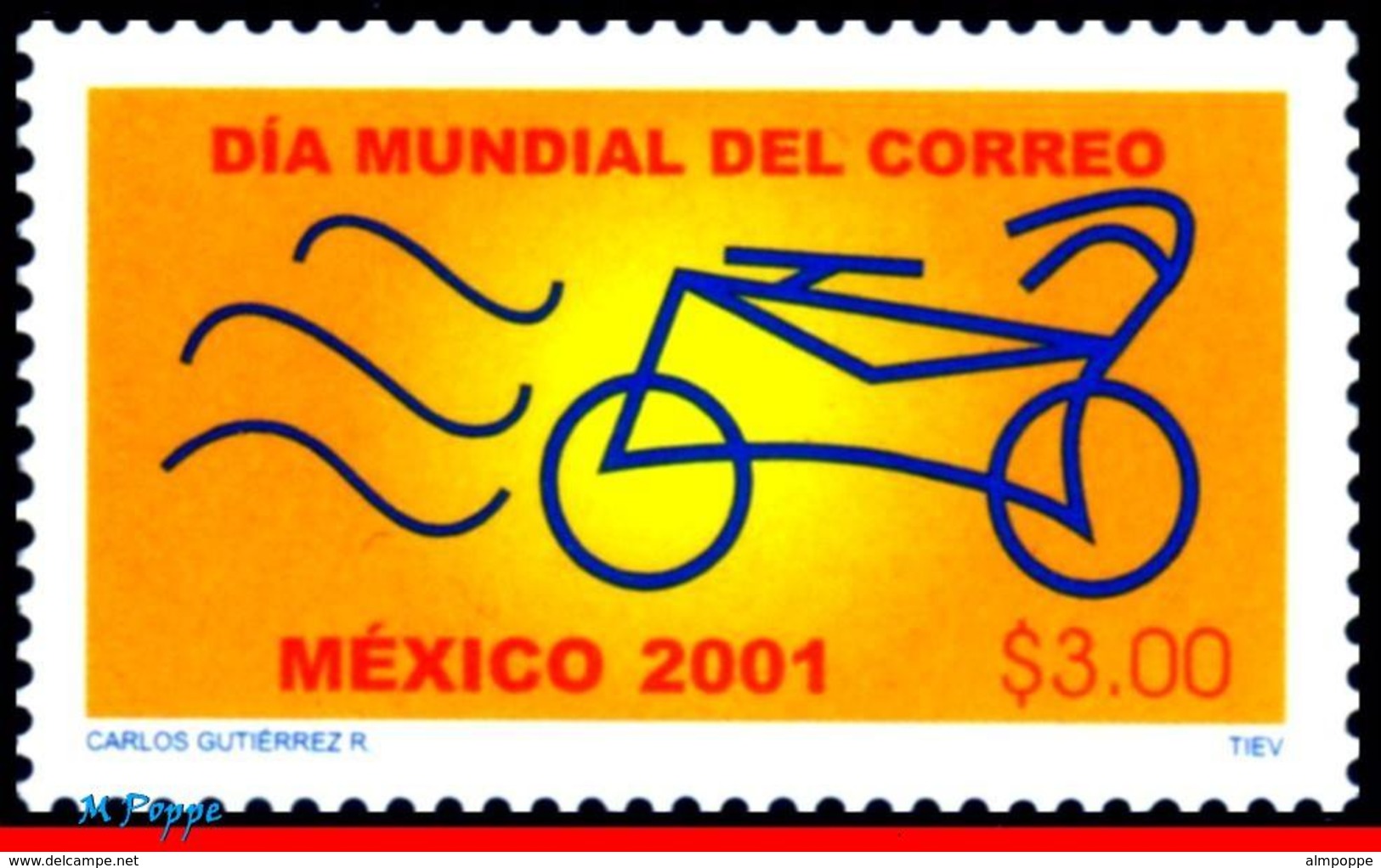 Ref. MX-2240 MEXICO 2001 STAMP DAY, WORLD POST DAY, BIKE,, MI# 2934, MNH 1V Sc# 2240 - Mexique