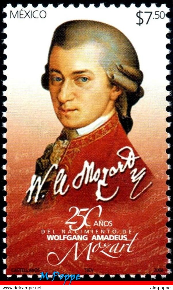 Ref. MX-2512 MEXICO 2006 FAMOUS PEOPLE, WOLFGANG AMADEUS MOZART,, COMPOSER, MNH 1V Sc# 2512 - Musique