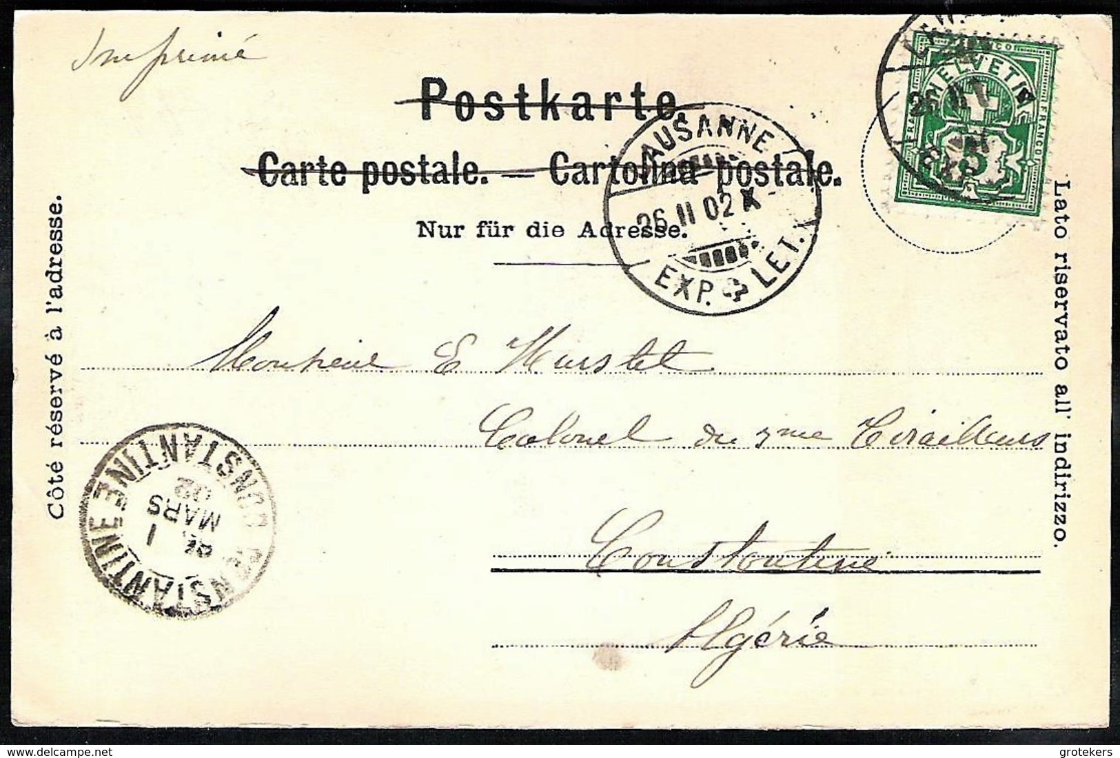 LUZERN Und PILATUS Sent 1902 LAUSANNE > Constantine /ALGERIE - Lucerne