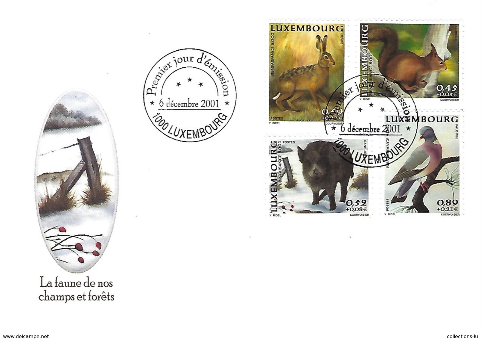 FDC - JOUR D'ÉMISSION    6-12-2001   -   LA FAUNE DE NOS CHAMPS ET FORÊTS - FDC