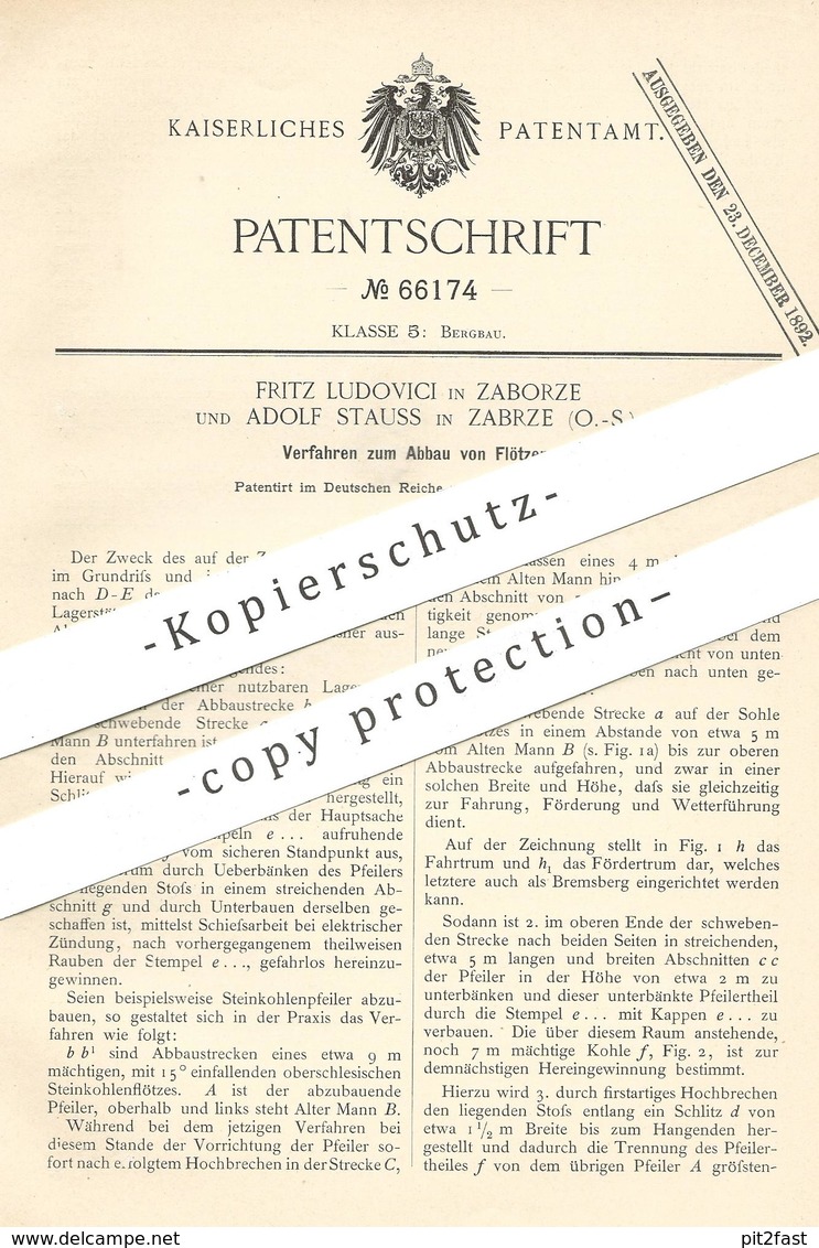 Original Patent - Fritz Ludovici , Zaborze , Adolf Stauss , Zabrze , 1892 , Abbau Von Flötzen | Bergbau , Bergwerk !! - Historische Dokumente