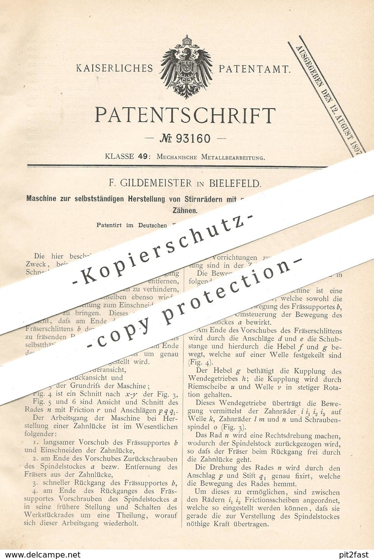 Original Patent - F. Gildemeister , Bielefeld , 1896 , Herstellung Von Stirnrad | Zahnrad , Metall , Schlosser !!! - Historische Dokumente