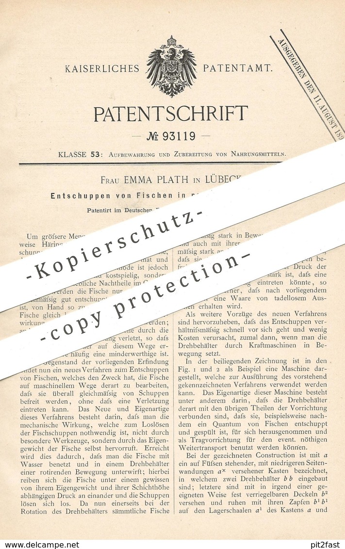 Original Patent - Emma Plath , Lübeck , 1896 , Entschuppen Der Fische In Rotierender Trommel | Fischer , Angler | Fisch - Historische Dokumente