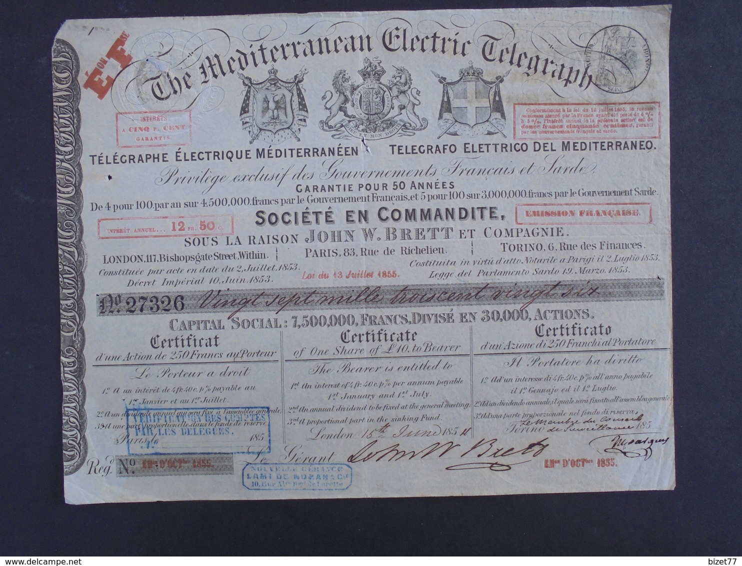 LONDRES 1854 - THE MDEITERRANEAN ELECTRIC TELEGRAPH - CERTIFICAT D'ACTION DE 10 £ - DECO - Altri & Non Classificati