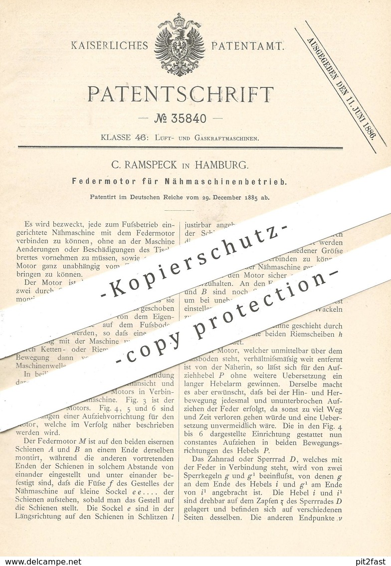 Original Patent - C. Ramspeck , Hamburg , 1885 , Federmotor Für Nähmaschinen | Nähmaschine , Motor !!! - Historische Dokumente