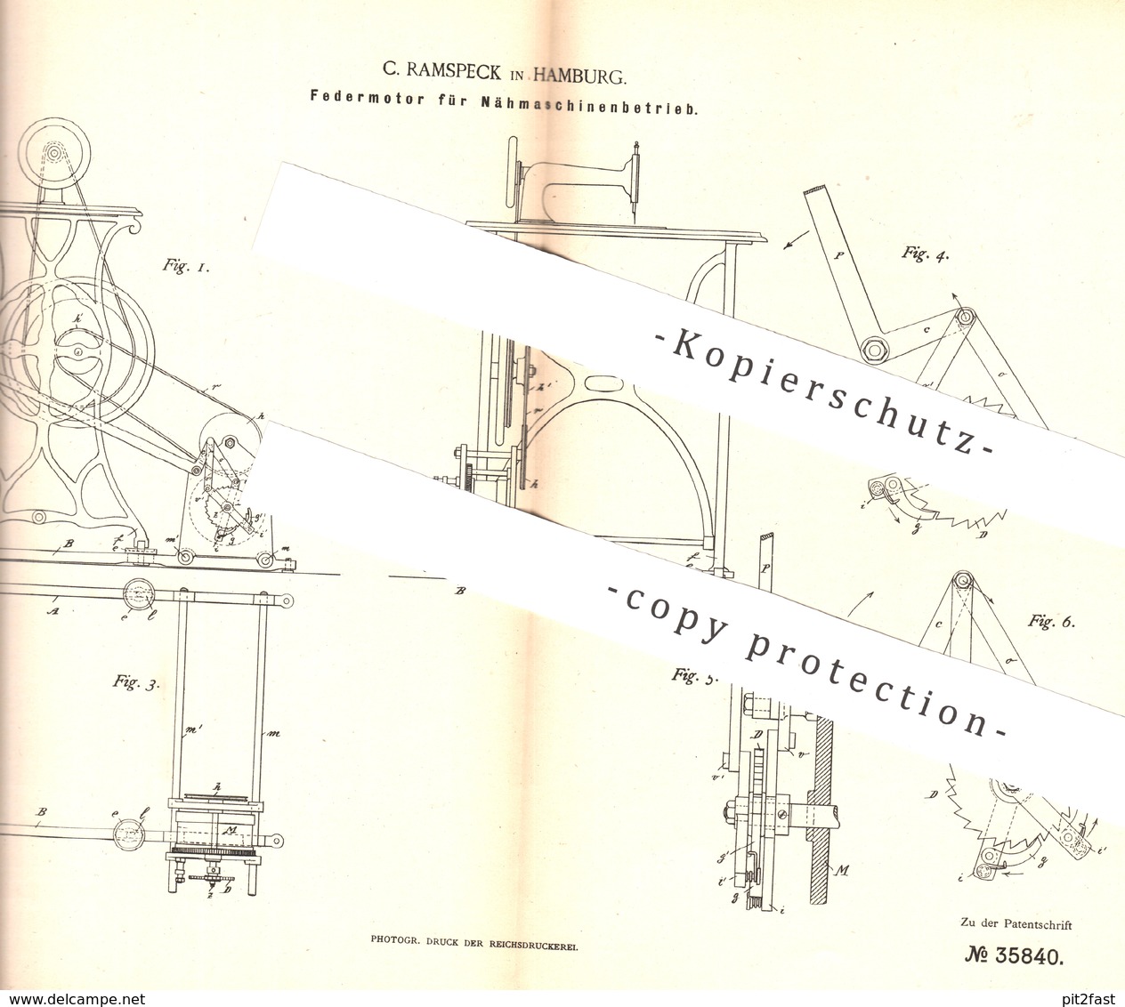 Original Patent - C. Ramspeck , Hamburg , 1885 , Federmotor Für Nähmaschinen | Nähmaschine , Motor !!! - Historical Documents