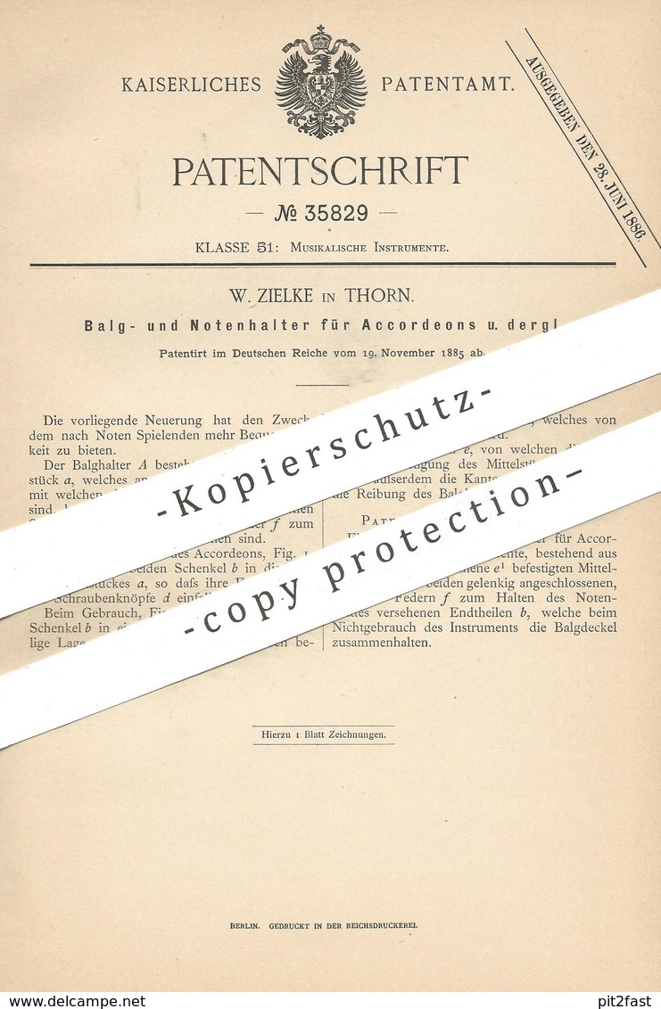 Original Patent - W. Zielke , Thorn , 1885 , Balg- Und Notenhalter Für Akkordeon | Harmonika | Musikinstrument , Musik - Historische Dokumente