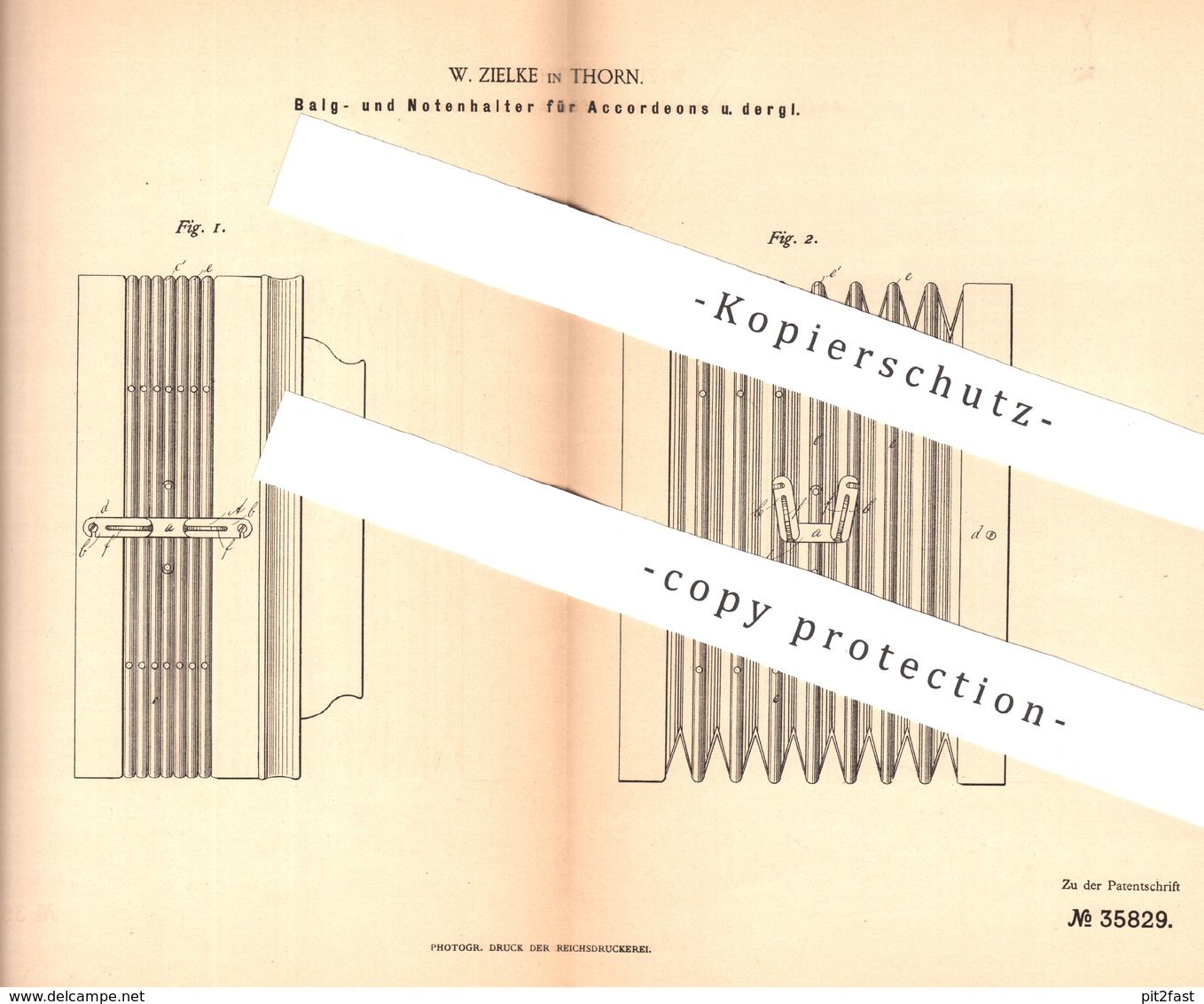 Original Patent - W. Zielke , Thorn , 1885 , Balg- Und Notenhalter Für Akkordeon | Harmonika | Musikinstrument , Musik - Historische Dokumente