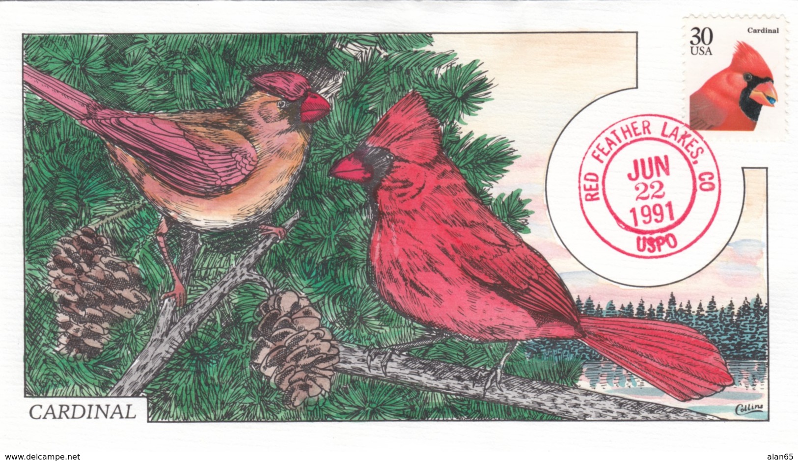 Sc#2480 Cardinal 30-cent Issue Bird Theme, 1991 FDC Collins Illustrated First Day Cover - 1991-2000