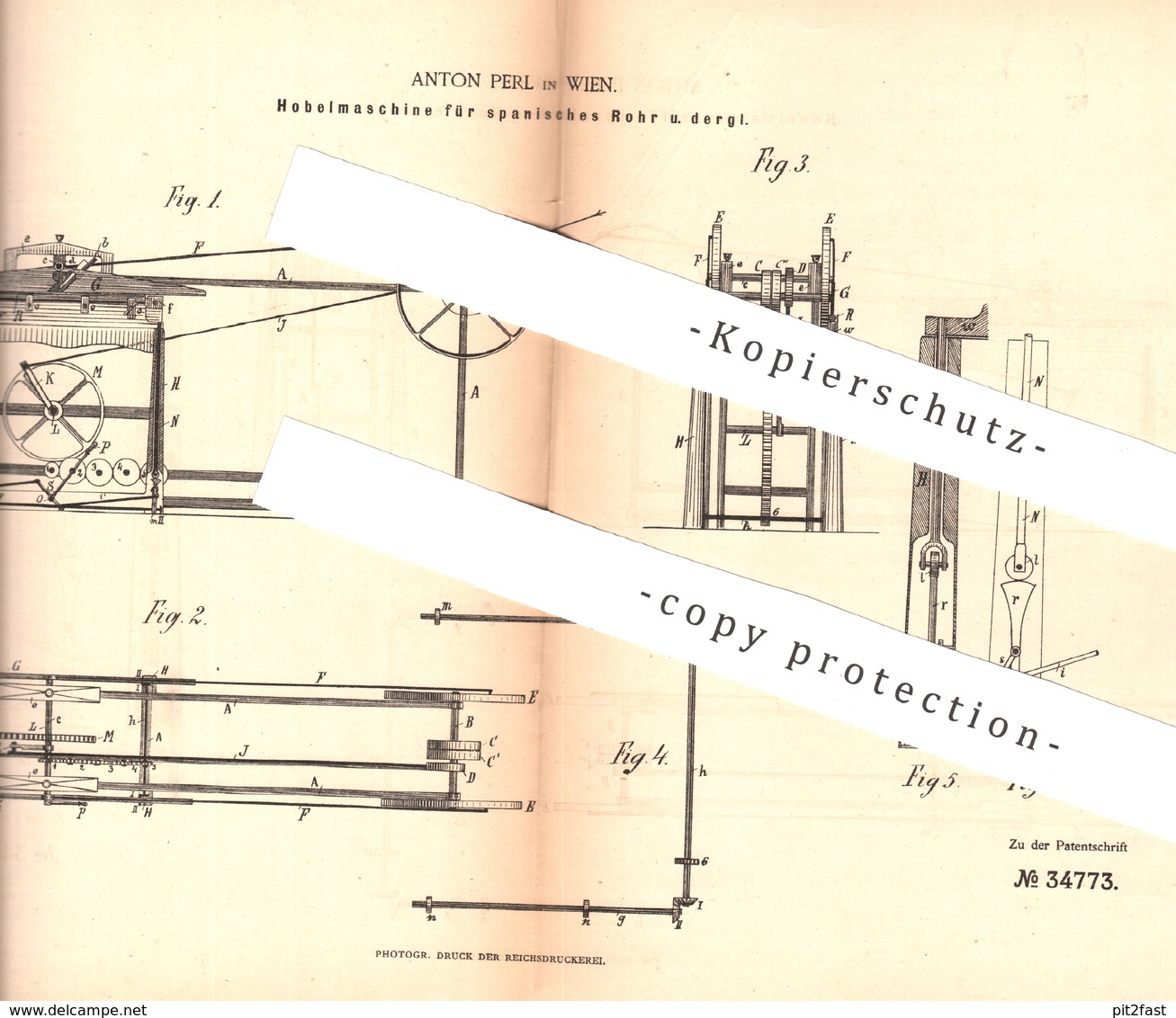 Original Patent - Anton Perl , Wien , Österreich , 1885 , Hobelmaschine Für Spanisches Rohr | Hobel , Holz , Tischler ! - Historische Dokumente