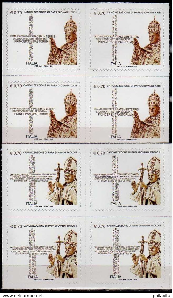 2014 Italy Cannonisation Of John Paul II, John XXIII - JI With Vatican And Poland - Blocks Of 4 S.adh MNH** MI 3687/88 - 2011-20:  Nuovi