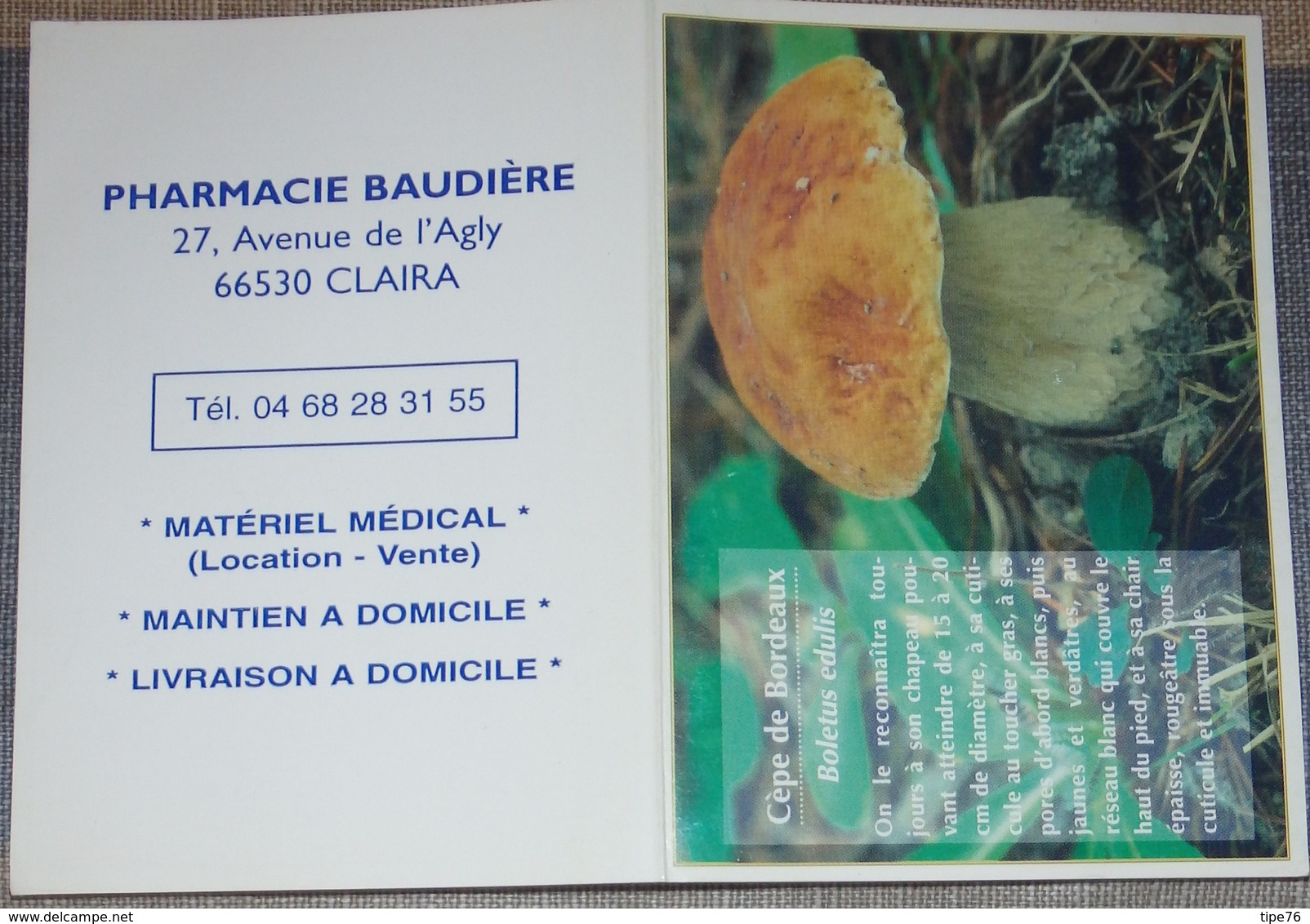 Petit Calendrier De Poche 1997 Champignon Cèpe De Bordeaux  -  Pharmacie Claira - Tamaño Pequeño : 1991-00