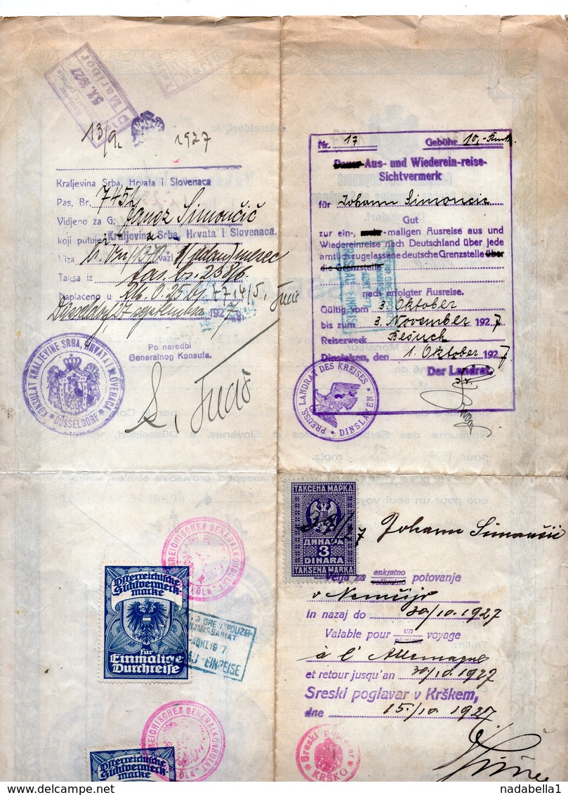 1937 KINGDOM OF SHS CONSULATE, DUSSELDORF, GERMANY, VISITORS PERMIT, SLOVENIA, 4 REVENUE STAMPS, 1 SHS, 2 GERMAN STAMPS - Historical Documents