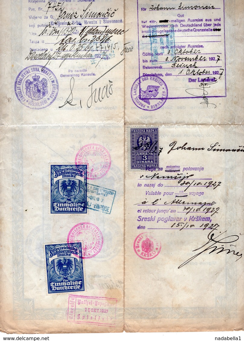 1937 KINGDOM OF SHS CONSULATE, DUSSELDORF, GERMANY, VISITORS PERMIT, SLOVENIA, 4 REVENUE STAMPS, 1 SHS, 2 GERMAN STAMPS - Historical Documents